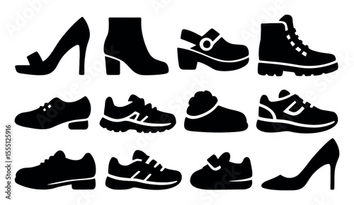 Footwear silhouette icon set. shoes, boots, sneaker designs in silhouette style