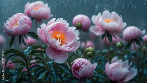 Fototapeta Naklejka Na Ścianę i Meble -  Pink peonies in the rain with droplets and lush green leaves. Beautiful floral scene with a moody atmosphere. Nature and botanical photography. The serenity of rain on flowers.