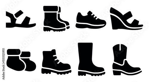 Footwear solid icon set. shoes, boots, sandals, wedges in a simple silhouette style