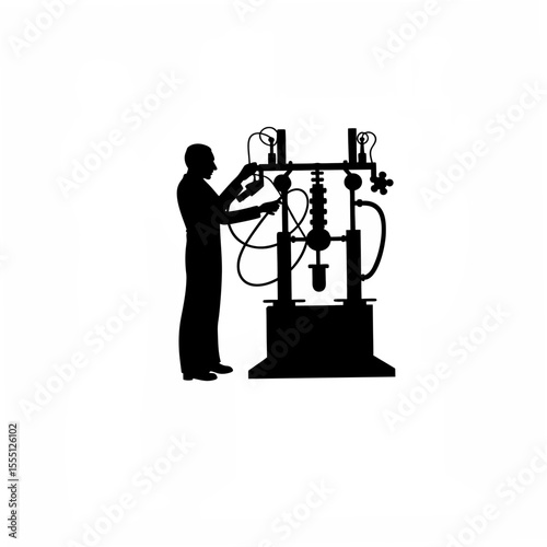 Silhouette of a physicist conducting a particle accelerator experiment on white background