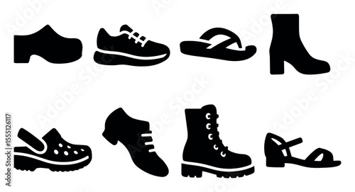 Footwear silhouette icon set. shoes, boots, sandals outline collection