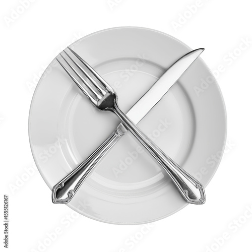 Crossed fork and knife on a plate, isolated on a transparent background in PNG format.