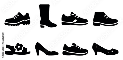 Footwear silhouette icon set. shoes, boots, sandals icons in silhouette style
