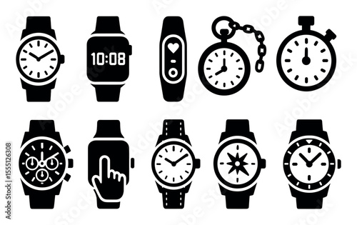 Timekeeping silhouette icon set. watches, clocks, stopwatch symbols collection
