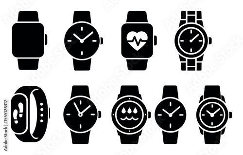 Watches, timekeeping silhouette icon set. clocks, smartwatch, accessories collection