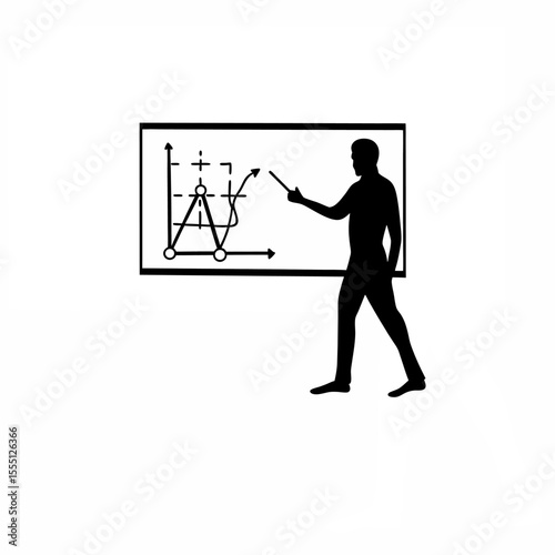 Silhouette of a physicist sketching theories on a glass board on white background