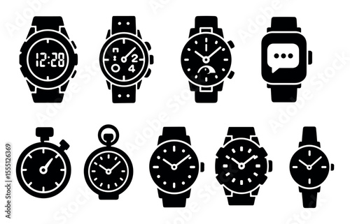 Watches, clocks, timers solid icon set. timepieces, chronometer collection