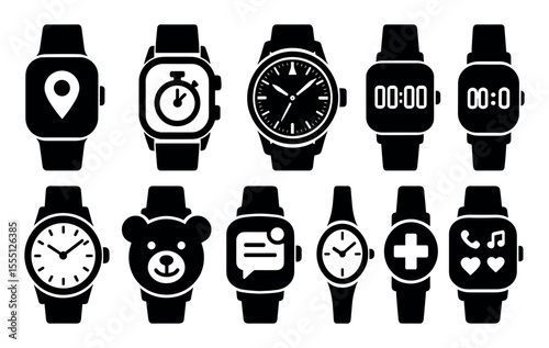 Smartwatch silhouette icon set for health, communication, time management needs