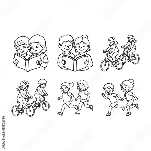 line art of  girl child ballerina dancing and playing bundle  on the white background