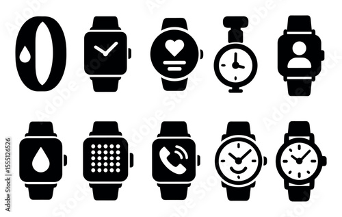 Wearable tech solid icon set. smartwatch, fitness, health, technology, icons collection
