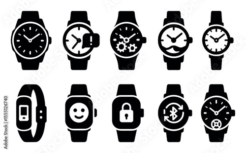 Watches silhouette icon set. timekeeping, clock faces, and accessories