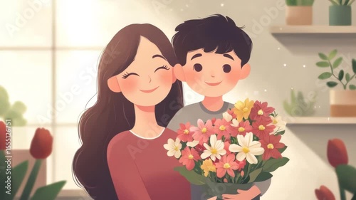 Son surprising his mother with a bouquet of flowers for mother's day, creating a heartwarming moment of love and appreciation
