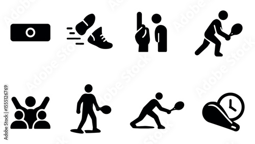 Ping pong solid icon set. table tennis, racket, player, sport, match silhouettes