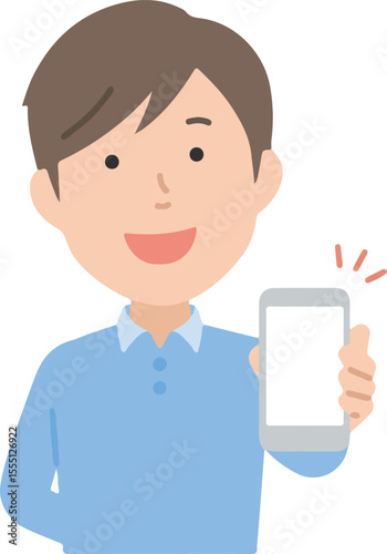 A man in white clothes is showing a mobile phone.