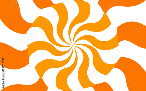 Abstract high-contrast, optical illusion background with a bold spiral pattern. Wavy orange and white rays that twist radially outward from the center, forming a hypnotic, swirling motion effect.