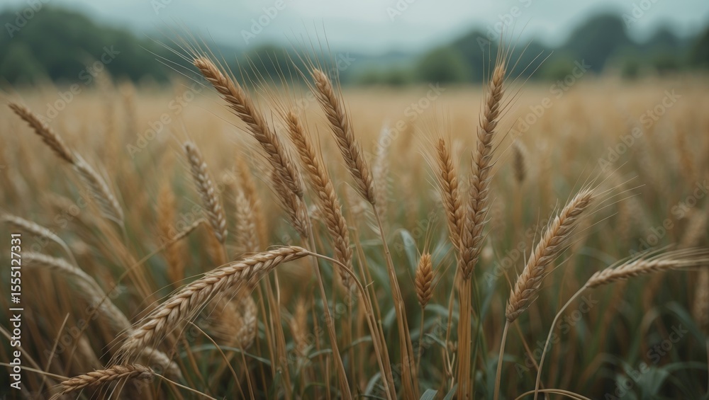 Fototapeta premium Fields of wheat or barley with ripe stalks ready for harvest. Agricultural crop, farming, and nature. Grain and cereal crop.