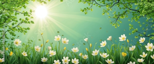 A bright sun shining over a lush green meadow with white and yellow wildflowers, surrounded by green foliage and a clear blue sky.