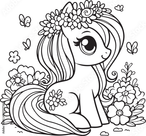 Cute Pony Sitting Among Flowers