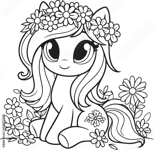Cute Pony Sitting Among Flowers