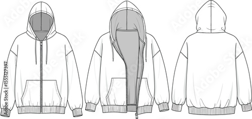 Hoodie flat sketch, front and back view, zipper sweatshirt design, fashion vector template, drawstring hoodie, technical clothing illustration