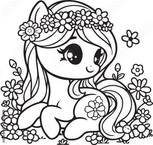Cute Pony Sitting Among Flowers