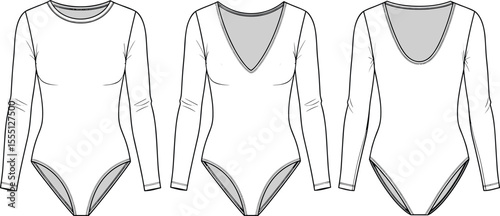 Long sleeve bodysuit technical sketch, women’s fashion cad drawing, front and back flat vector design for garment development