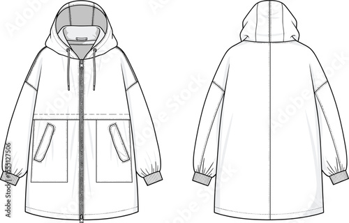 Long hoodie front and back flat sketch, oversized zipper jacket, fashion technical drawing, casual outerwear, cad vector illustration, template