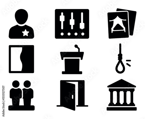 Law and justice solid icon set. legal, courtroom, police symbols in silhouette style