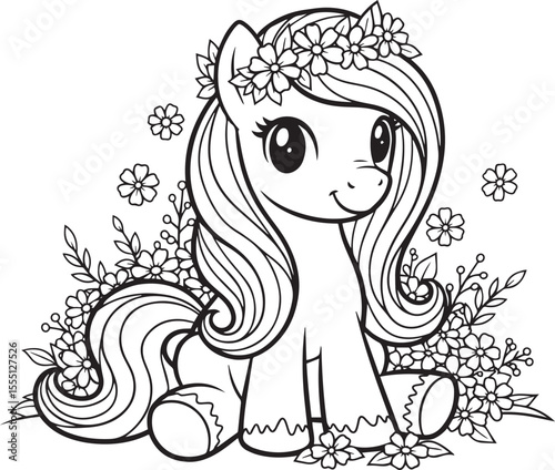 Cute Pony Sitting Among Flowers