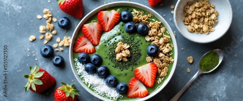 Wallpaper Mural Fresh fruit and granola smoothie bowl with strawberries, blueberries, and green matcha, served with additional toppings and fresh strawberries. Torontodigital.ca