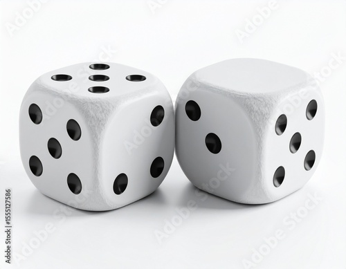 Pair of Fuzzy White Dice with Black Dots on White Background