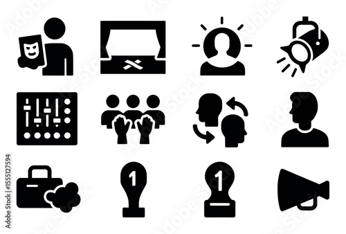 Theater solid icon set. performance, drama, audience, stage symbols collection
