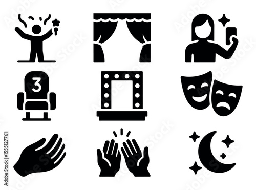 Entertainment and theater solid icon set. drama, cinema, stage, selfie, night icons