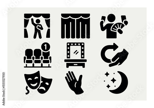 Theater, performance silhouette icon set. stage, drama elements collection