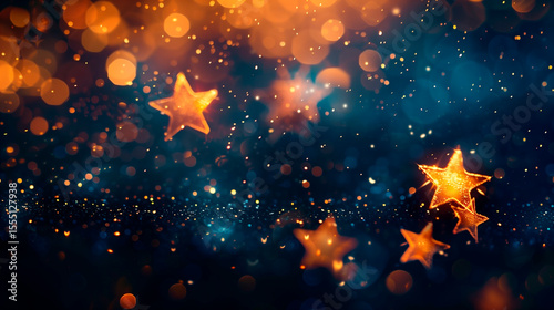 Christmas starry background with glowing orange and gold stars, magical bokeh lights on dark navy blue backdrop, festive warm and dreamy holiday mood