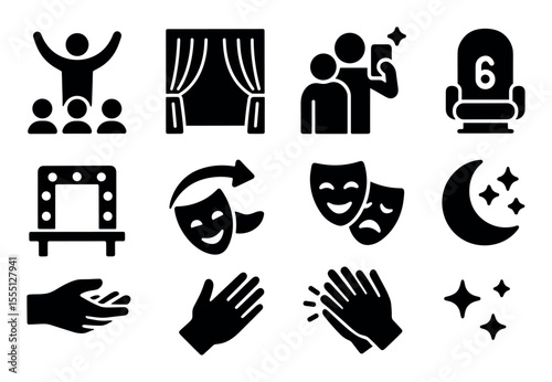 Theater, performance solid icon set. artistic, entertainment symbols in solid style