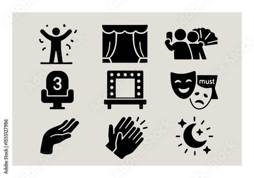 Theater and performance silhouette icon set: drama, stage, acting graphics collection