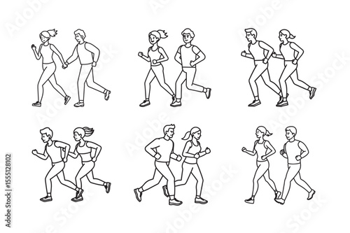 line art of couple jogging set bundle  on the white background