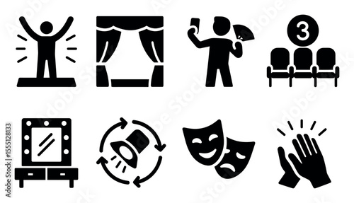 Theater, performance silhouette icon set. stage, drama elements for creative projects