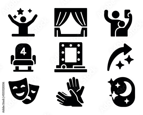 Entertainment silhouette icon set for theater, cinema, and performance lovers