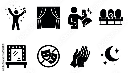 Theater and performance solid icon set. drama, stage, entertainment collection