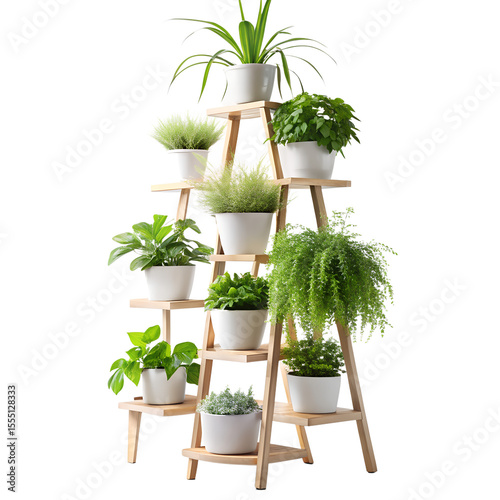 tiered plant stand on white  vertical indoor gard isolated on transparent background