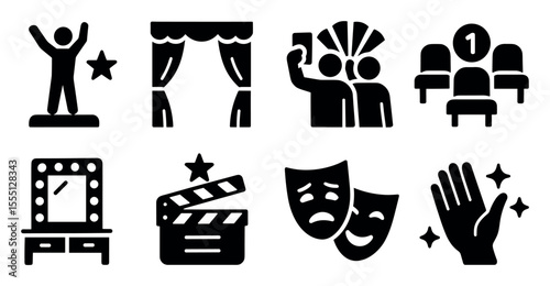Theater and film solid icon set. performing, entertainment, stage, and drama symbols
