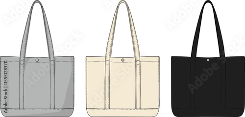 Tote bag vector cad drawing, flat technical sketch with long handles, top snap closure, front view, handbag fashion illustration