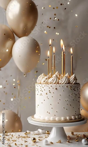 White birthday cake decorated with gold sprinkles, lit candles, and balloons creating a festive atmosphere