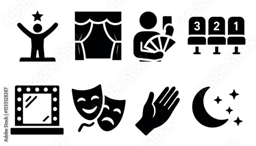 Performance arts solid icon set. theater, music, dance, magic, art solid collection