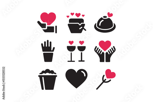 Romantic Love Icon Set Black and Red Heart Vector Symbols for Valentine’s, Dating, and Celebration Design