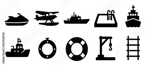 Marine, nautical solid icon set. ships, boats, swimming, fishing icons collection
