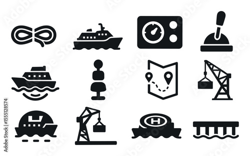 Transport, navigation filled icon set. ships, maps, and routes filled collection