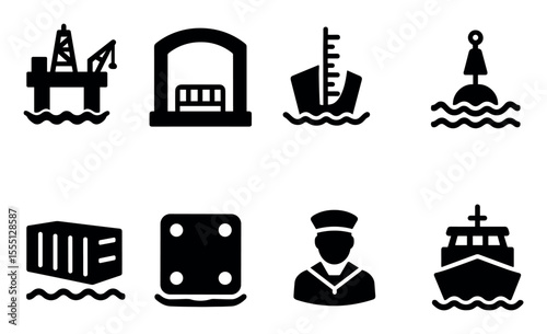 Maritime, marine silhouette icon set. nautical, shipping, ocean logistic icons